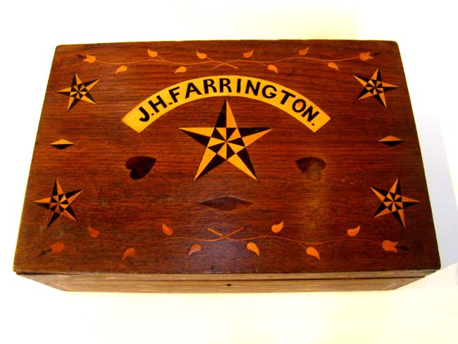 "J H Farrington's" 19th century sailor-made valuables box with fabulous fruitwood inlays
